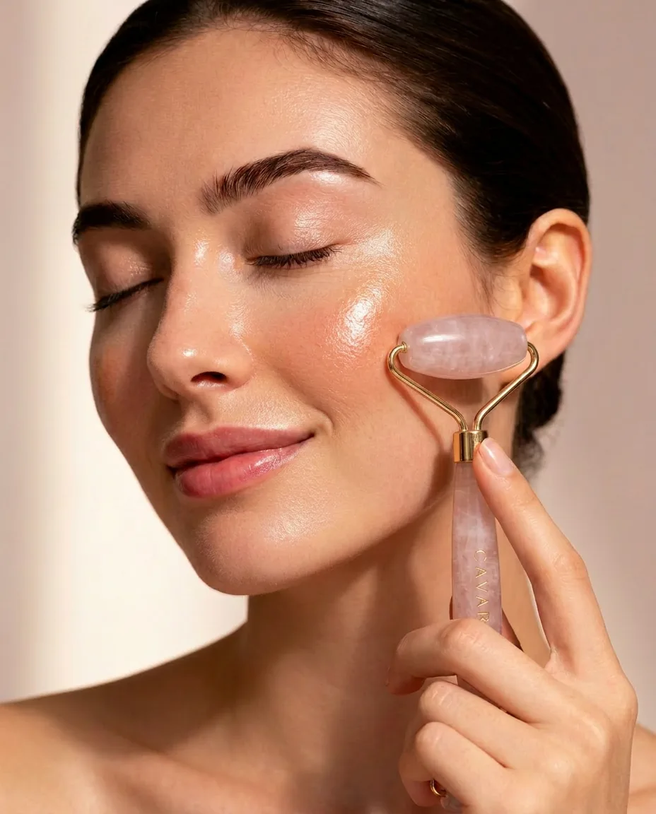Cavara rose quartz roller on cream backdrop